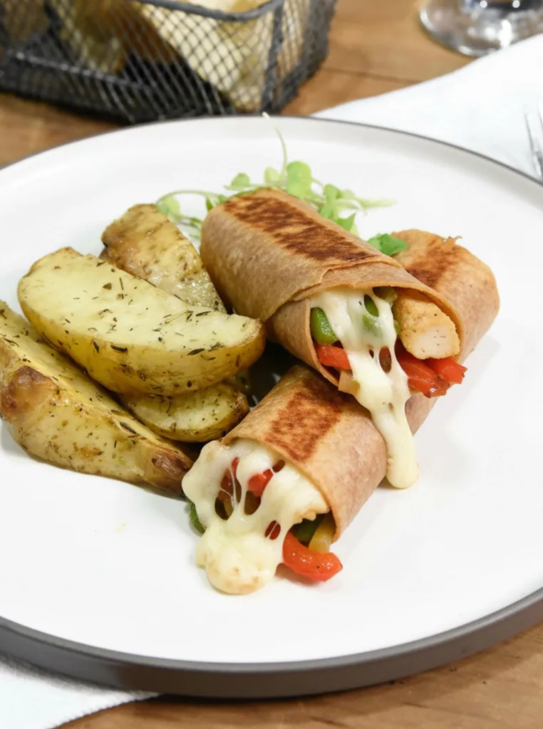 Wrap integral de pollo y vegetales con papas cuña