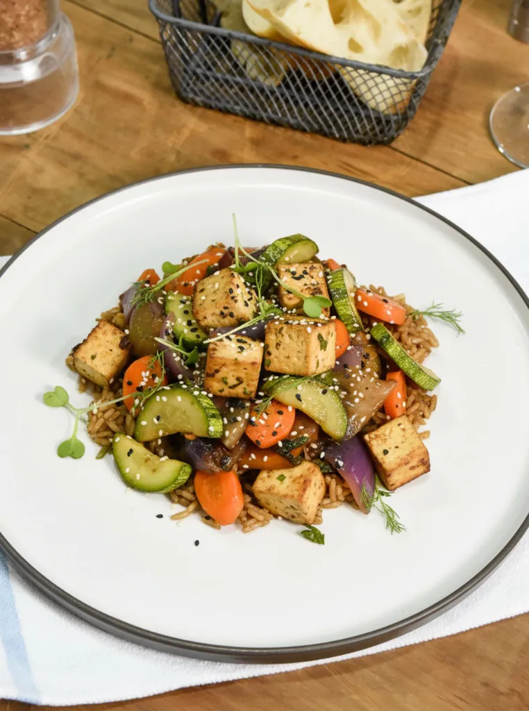Wok de tofu con arroz thai y vegetales salteados